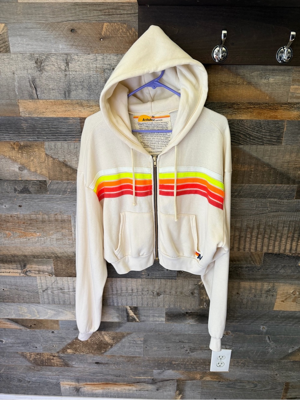 Aviator Nation Cream Zip Hoodie with Red-Orange-Yellow Stripes